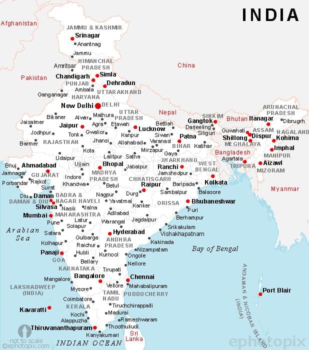 India kaart met steden