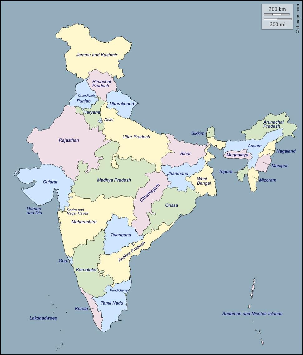India kaart met de namen van staten