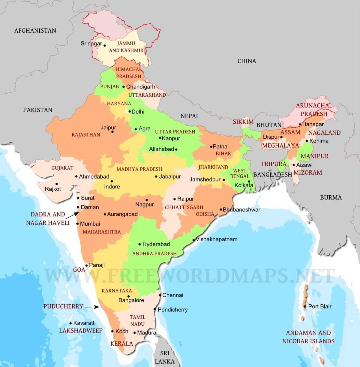 politieke kaart van noord-India