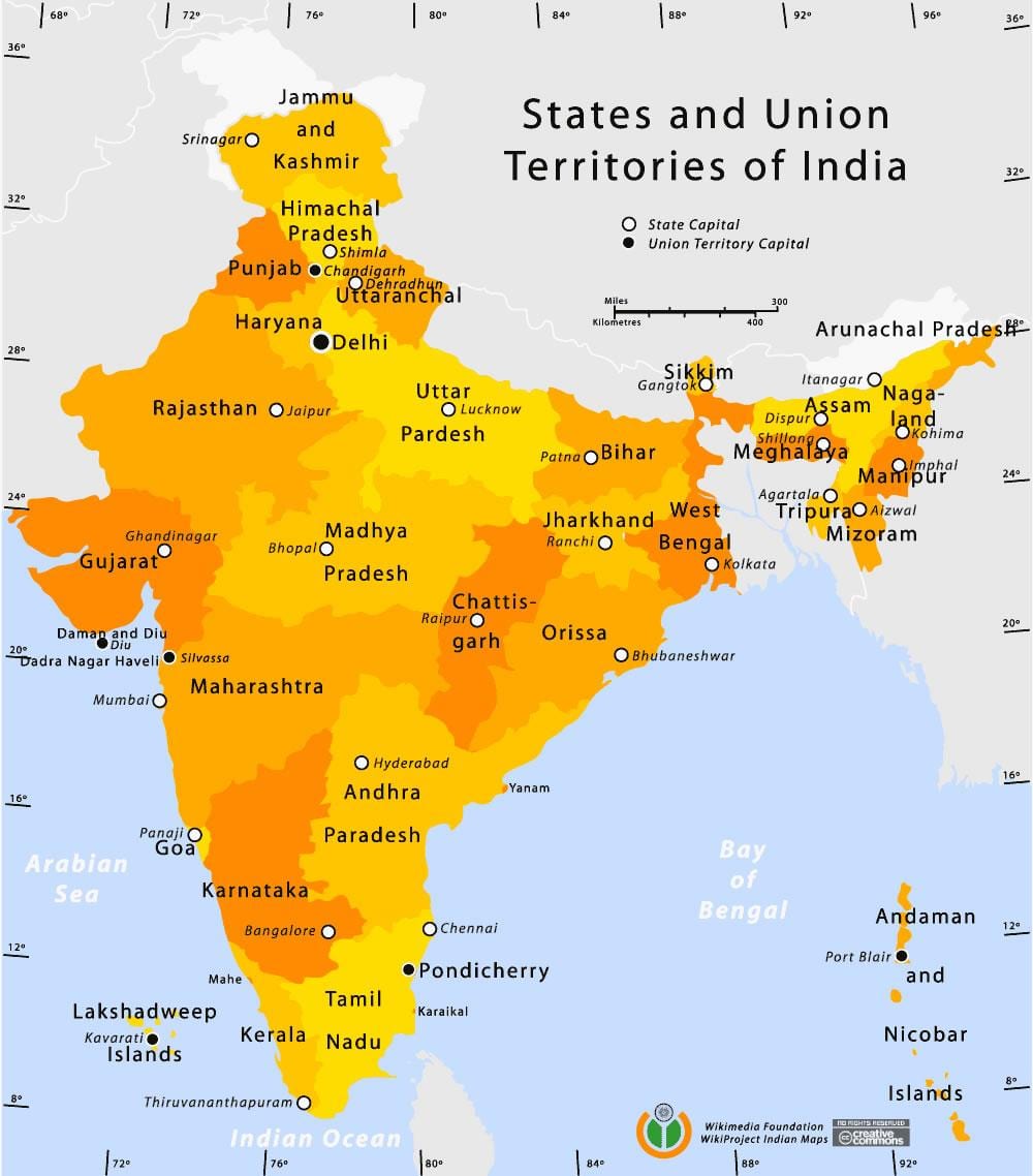 unie gebieden van India op de kaart