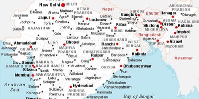 India kaart met steden